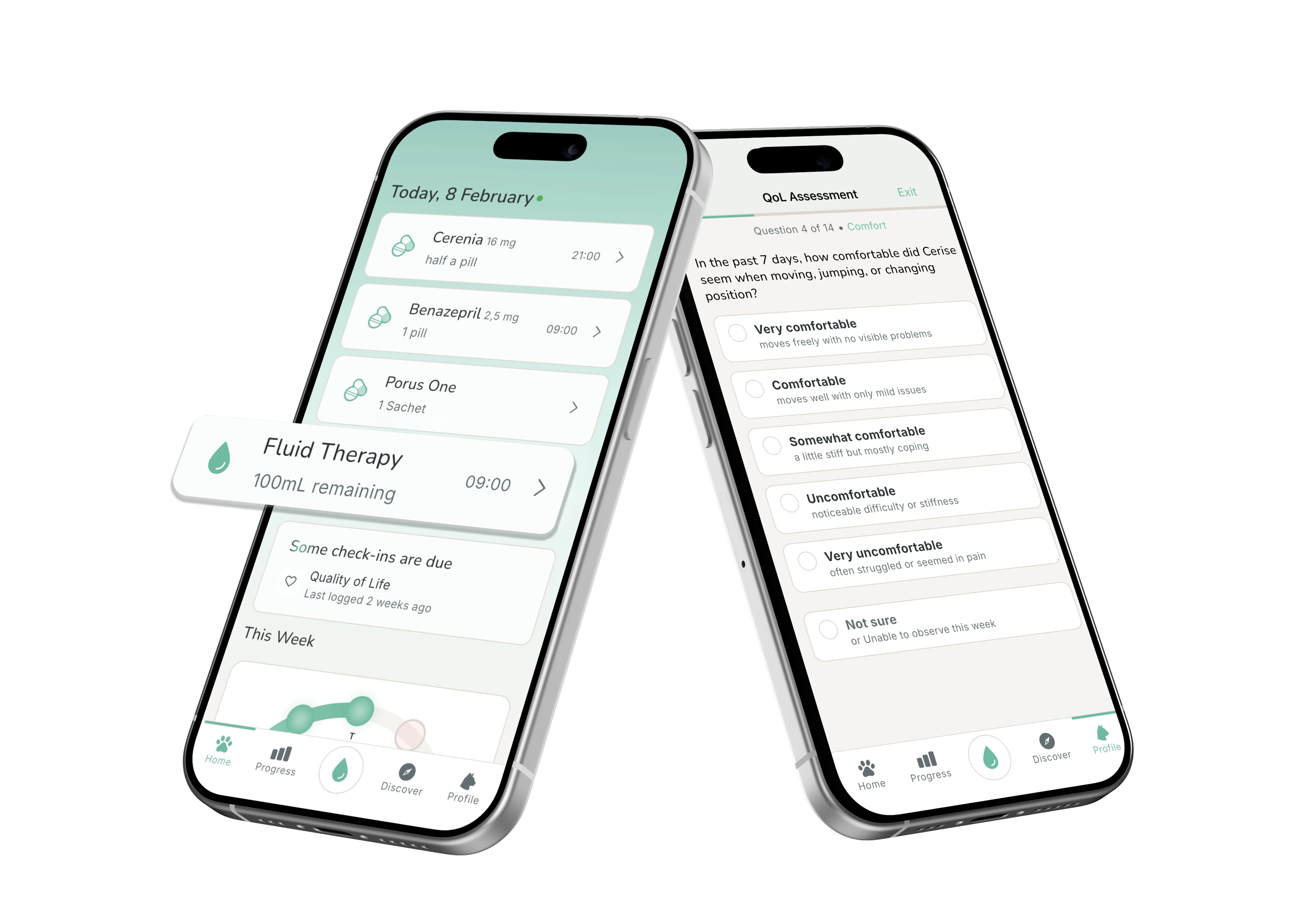 HydraCat app screenshots showing medication tracking and quality of life assessment